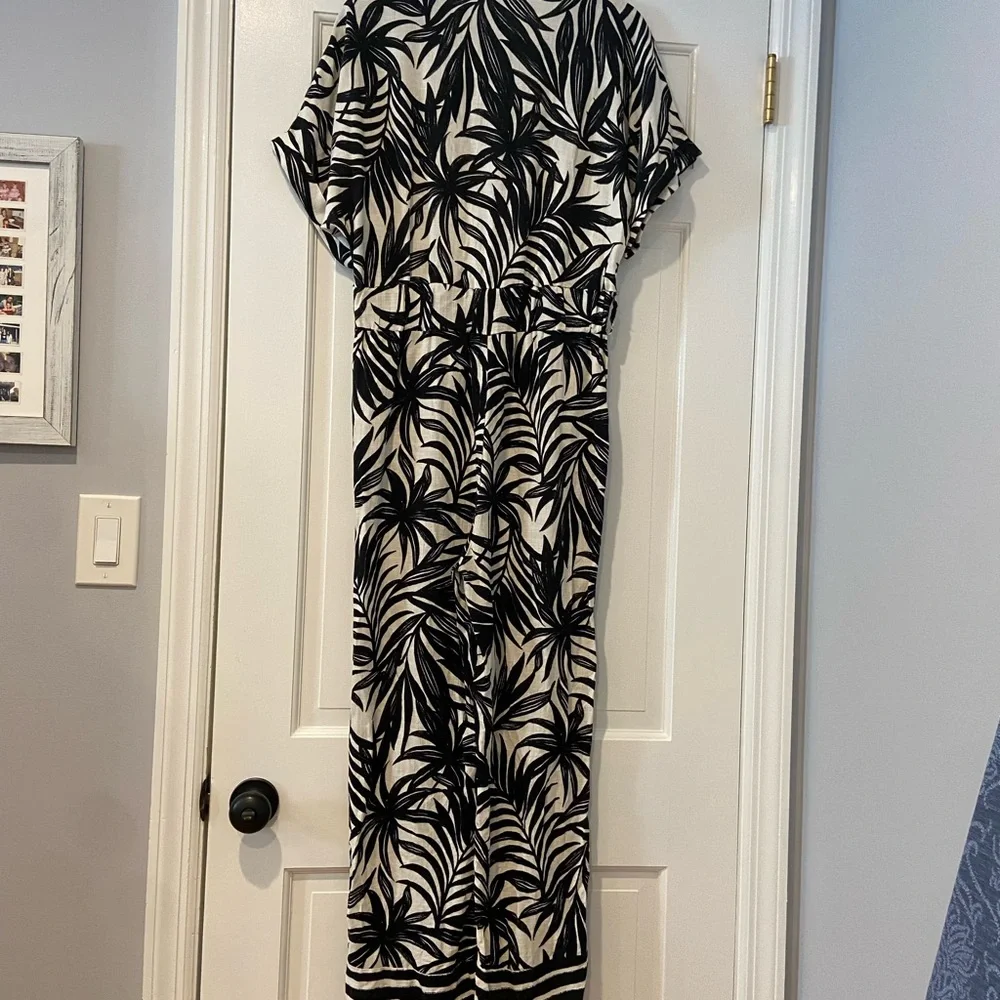 ZARA Black & Cream Palm Print Linen Jumpsuit | Size Small